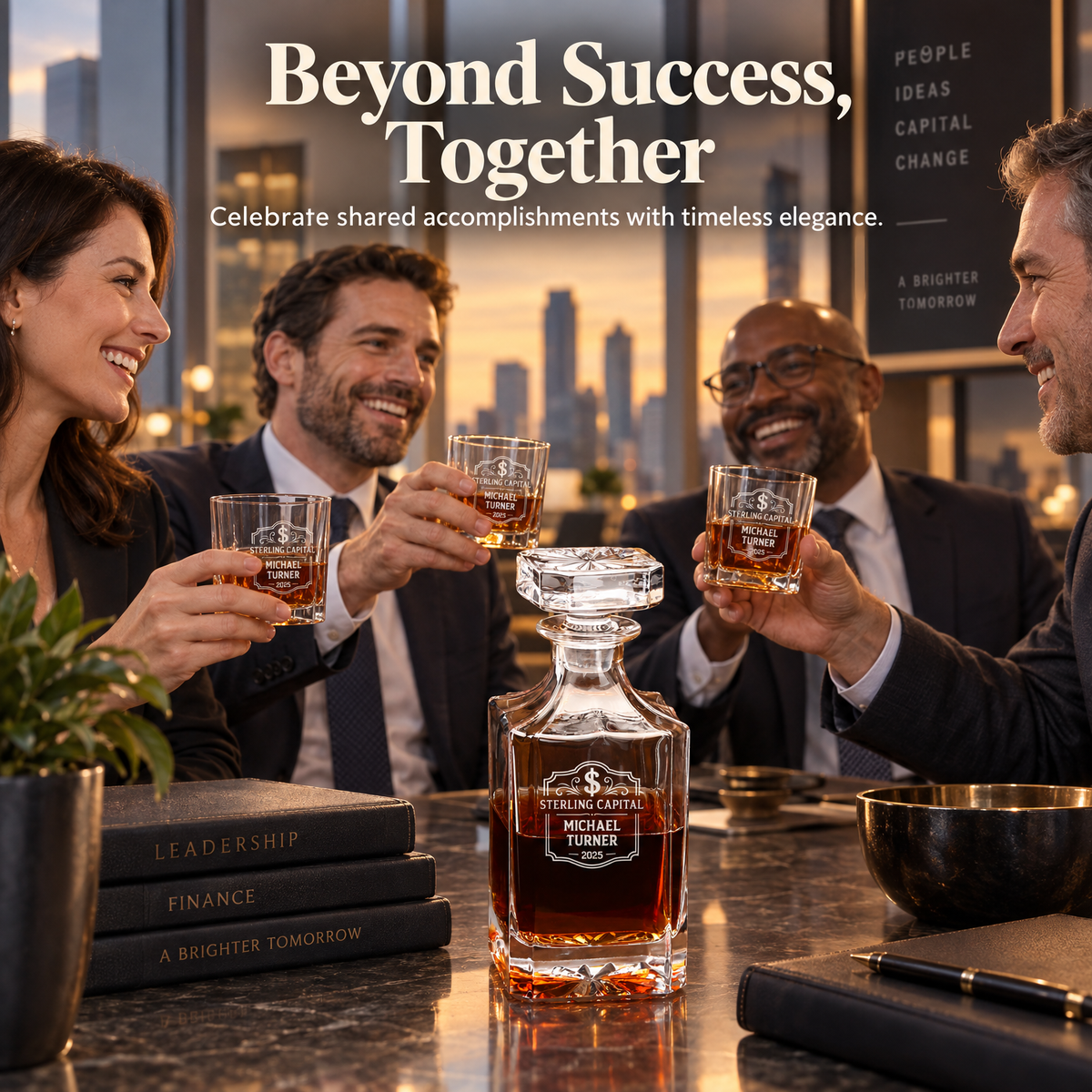 Finance Company Gifts – Square Decanter Set with 2 Glasses, 9 Whiskey Stones & Wooden Box – image 03