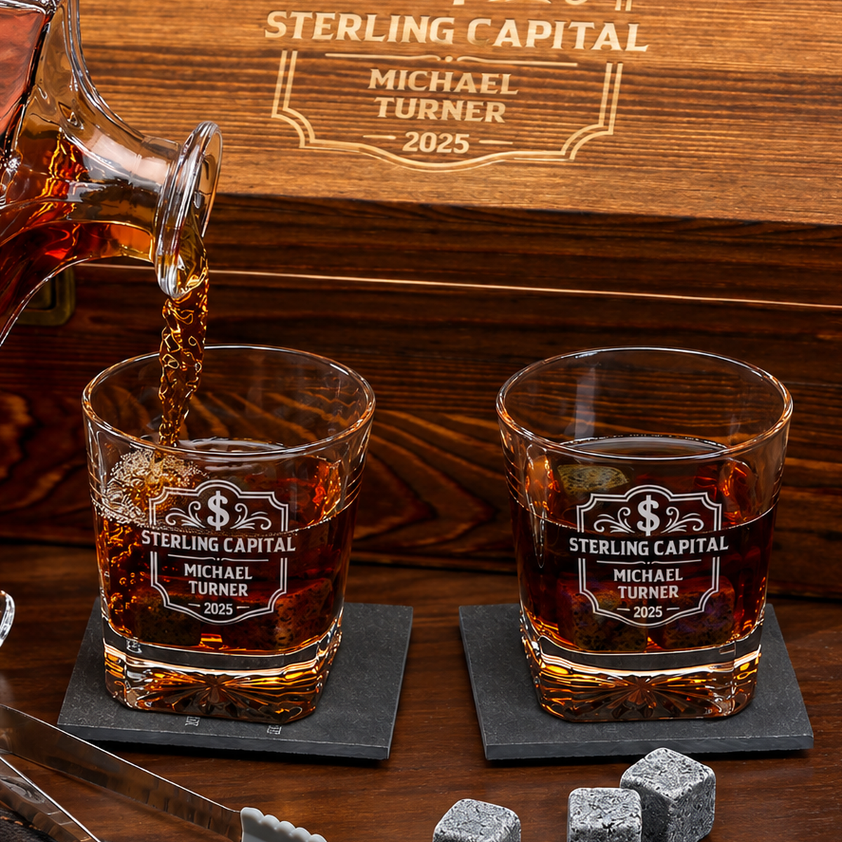 Finance Company Gifts – Square Decanter Set with 2 Glasses, 9 Whiskey Stones & Wooden Box – image 04