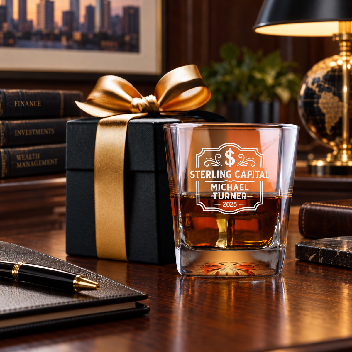 Finance Company Gifts – Square Decanter Set with 2 Glasses, 9 Whiskey Stones & Wooden Box product image