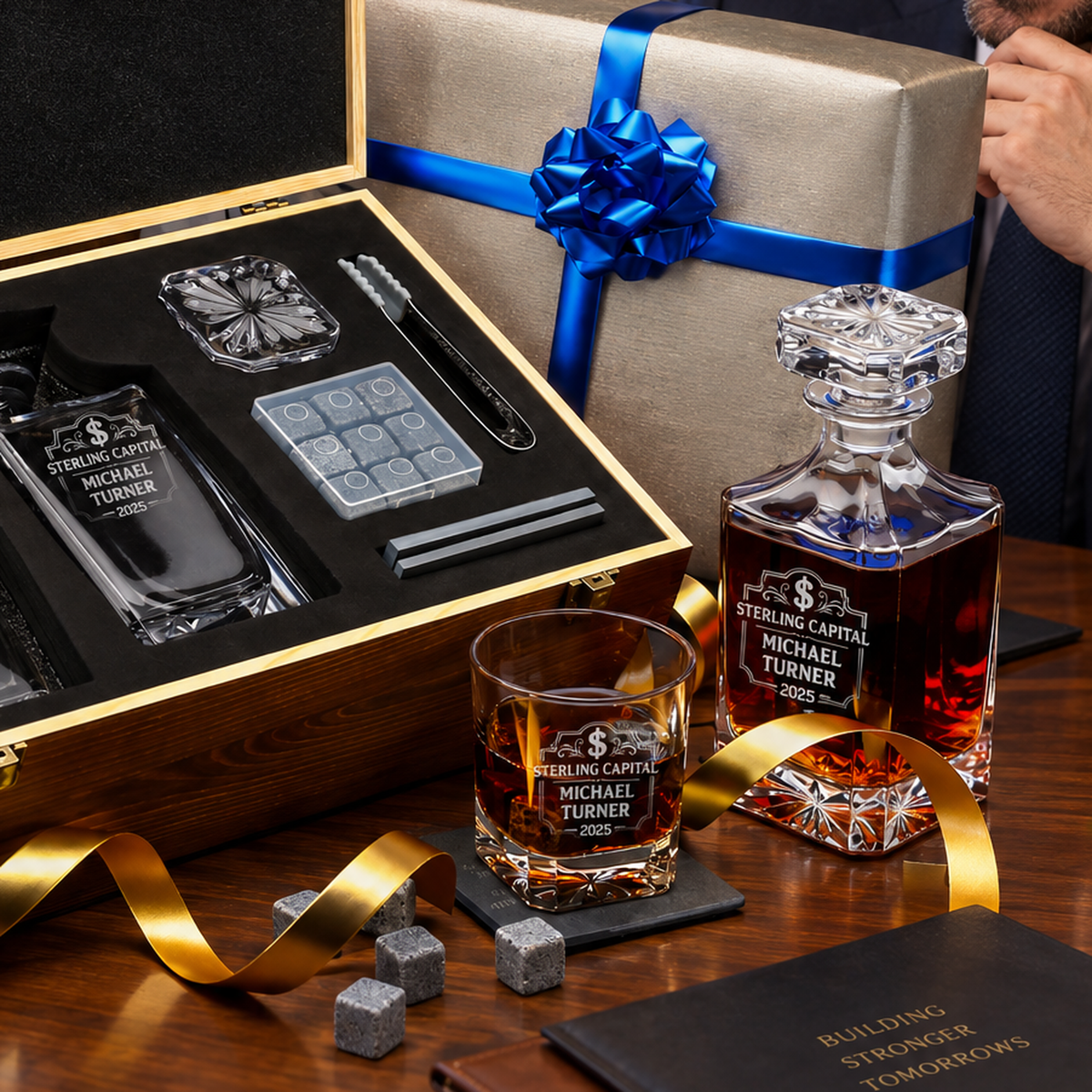 Finance Company Gifts – Square Decanter Set with 2 Glasses, 9 Whiskey Stones & Wooden Box – image 07