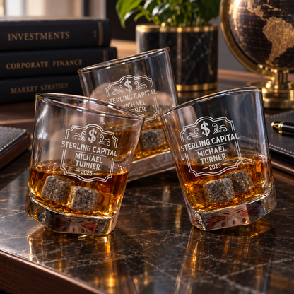 Finance Company Gifts – Square Decanter Set with 2 Glasses, 9 Whiskey Stones & Wooden Box – image 08