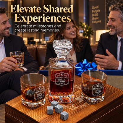 Finance Company Gifts – Square Decanter Set with 2 Glasses, 9 Whiskey Stones & Wooden Box – image 09