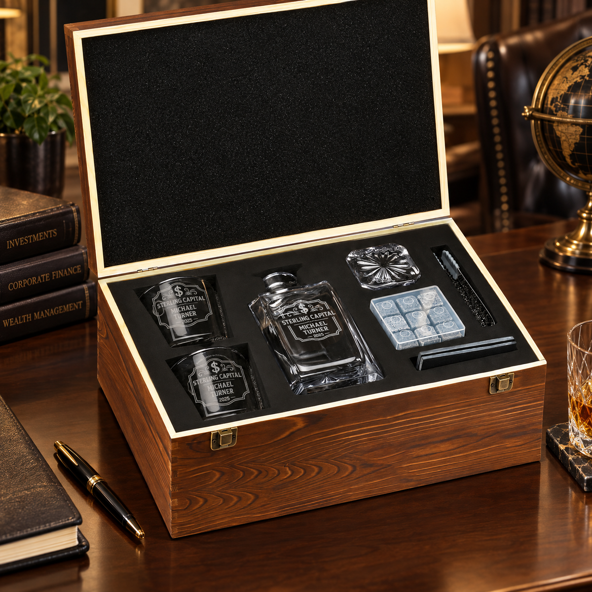 Finance Company Gifts – Square Decanter Set with 2 Glasses, 9 Whiskey Stones & Wooden Box – image 10