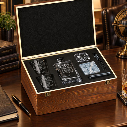 Finance Company Gifts – Square Decanter Set with 2 Glasses, 9 Whiskey Stones & Wooden Box – image 10