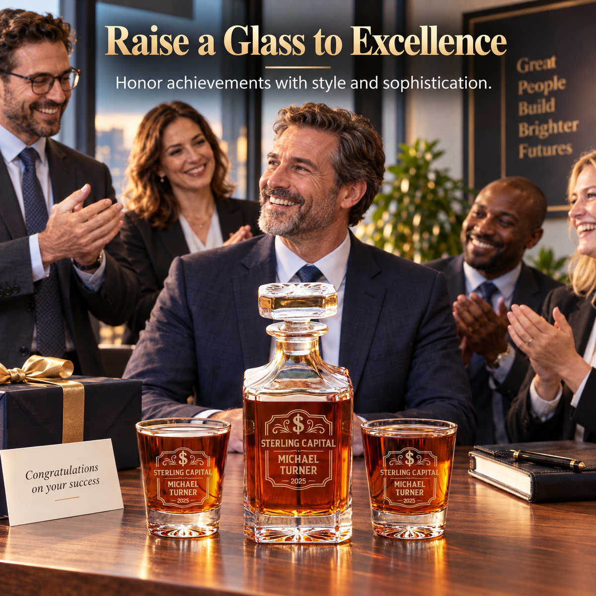 Finance Company Gifts – Square Decanter Set with 2 Glasses, 9 Whiskey Stones & Wooden Box product image