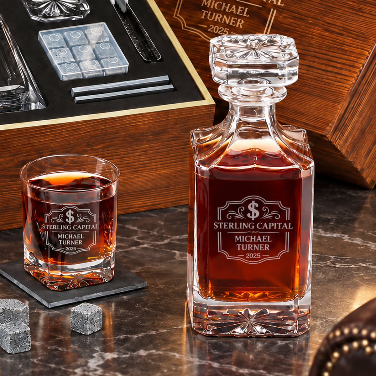 Finance Company Gifts – Square Decanter Set with 2 Glasses, 9 Whiskey Stones & Wooden Box – image 12