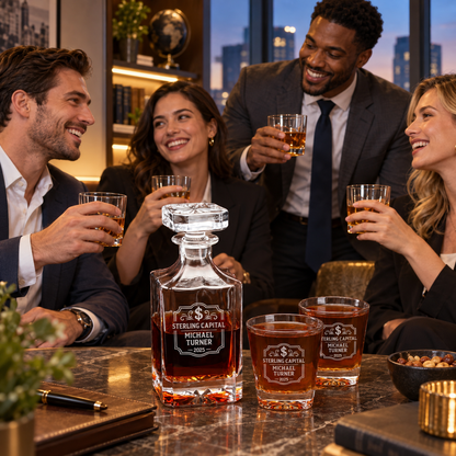 Finance Company Gifts – Square Decanter Set with 2 Glasses, 9 Whiskey Stones & Wooden Box – image 13