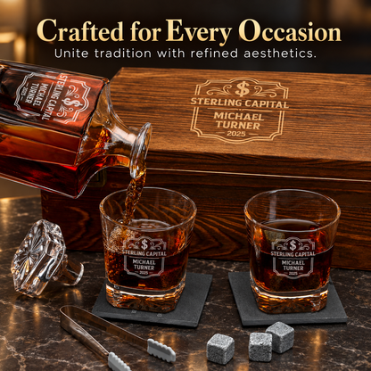 Finance Company Gifts – Square Decanter Set with 2 Glasses, 9 Whiskey Stones & Wooden Box – image 14