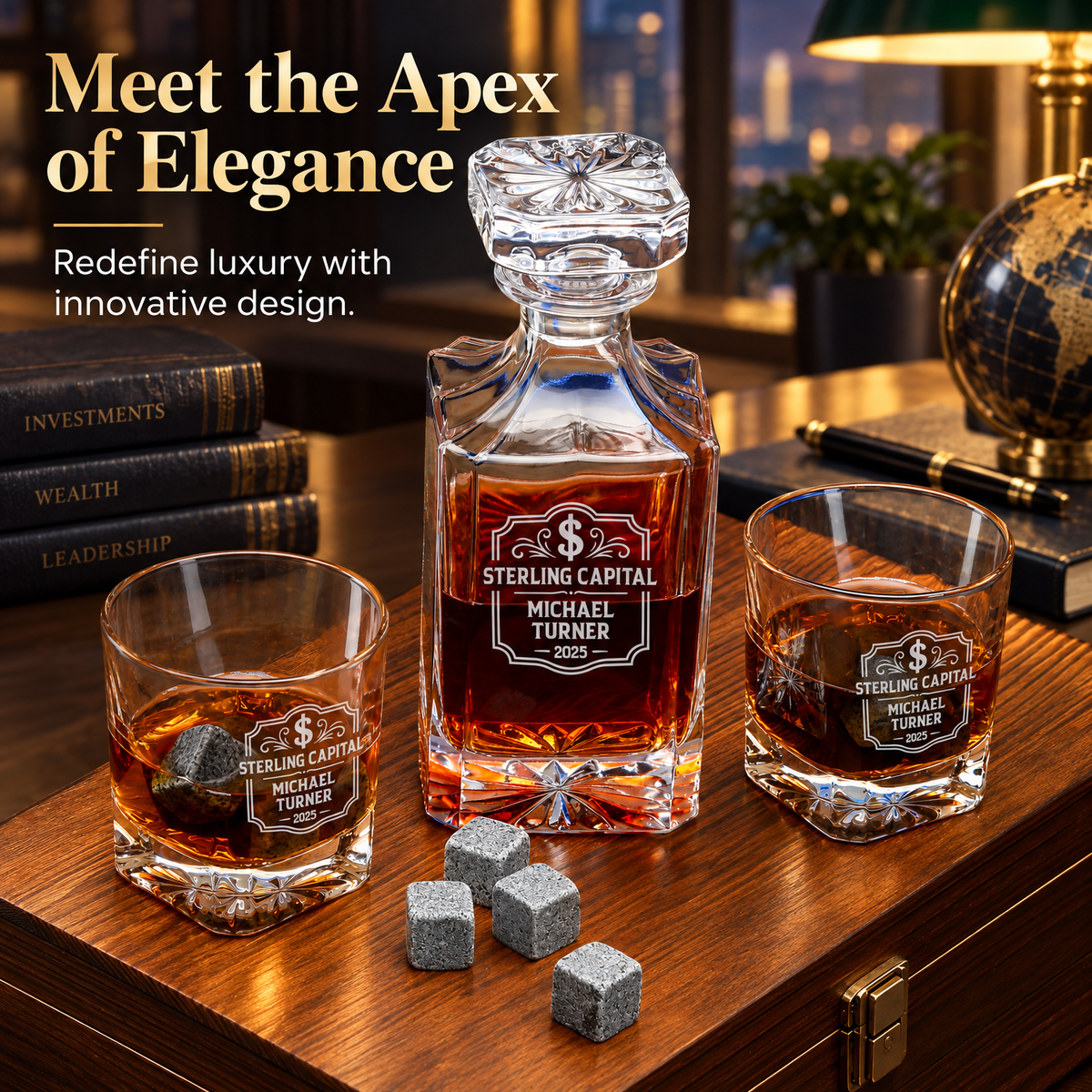Finance Company Gifts – Square Decanter Set with 2 Glasses, 9 Whiskey Stones & Wooden Box – image 16