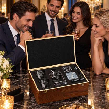 Finance Company Gifts – Square Decanter Set with 2 Glasses, 9 Whiskey Stones & Wooden Box – image 17