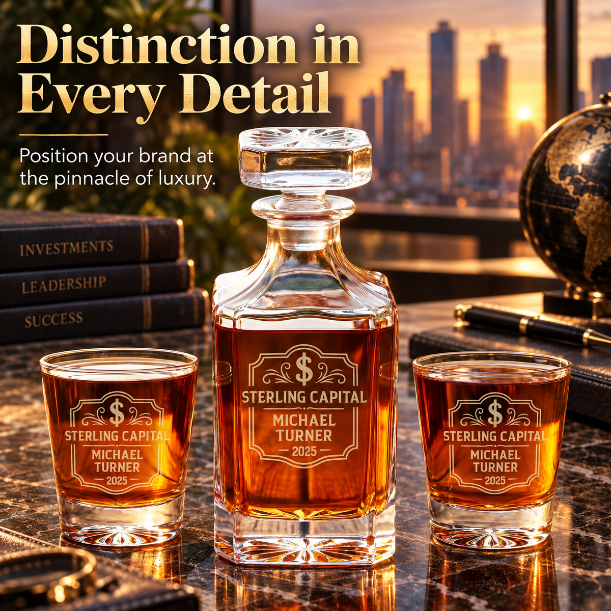 Finance Company Gifts – Square Decanter Set with 2 Glasses, 9 Whiskey Stones & Wooden Box product image
