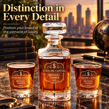 Finance Company Gifts – Square Decanter Set with 2 Glasses, 9 Whiskey Stones & Wooden Box – image 18