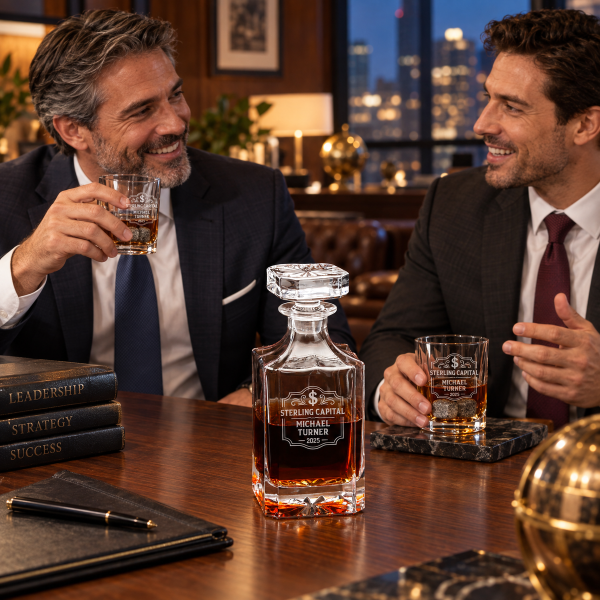 Finance Company Gifts – Square Decanter Set with 2 Glasses, 9 Whiskey Stones & Wooden Box – image 19