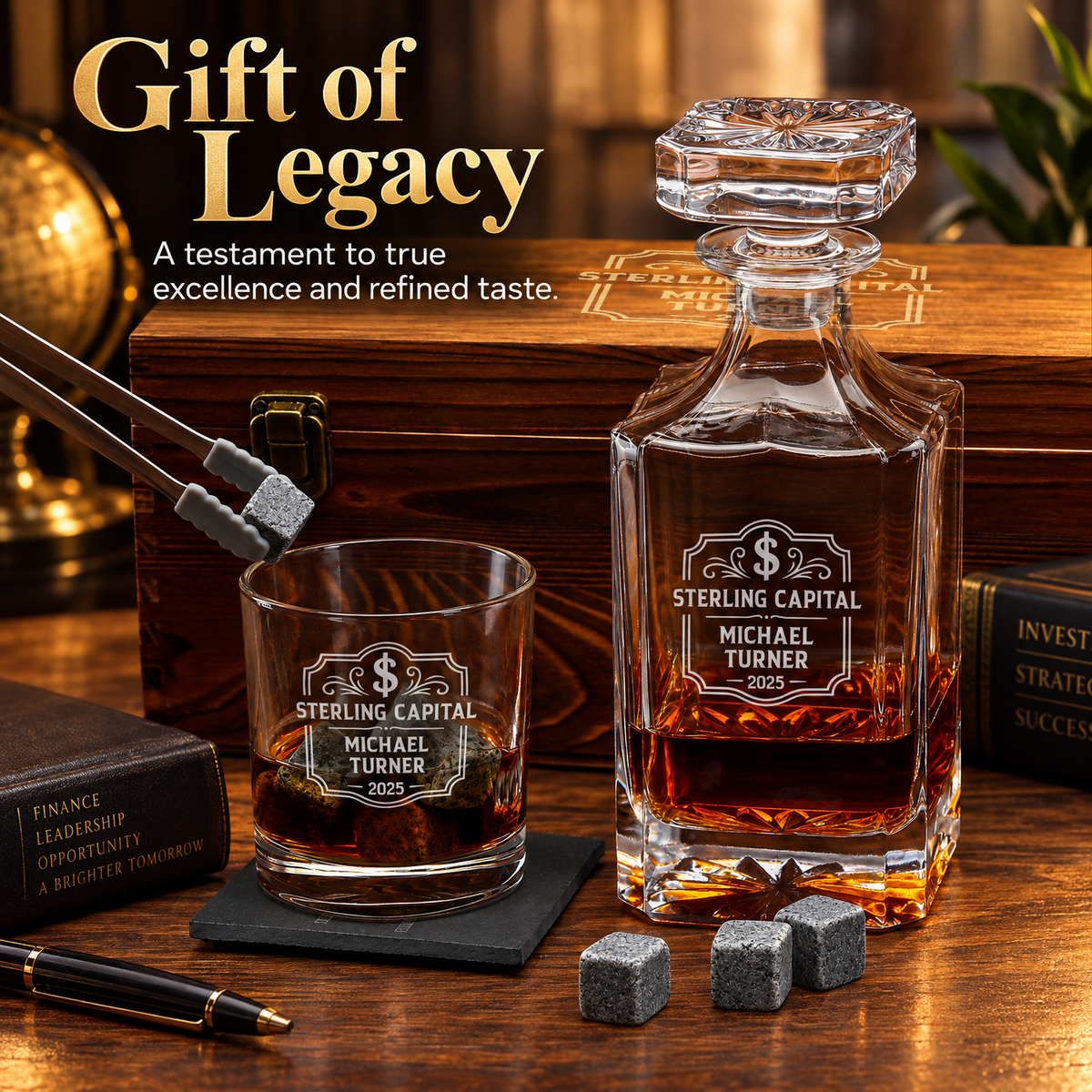 Finance Company Gifts – Square Decanter Set with 2 Glasses, 9 Whiskey Stones & Wooden Box – image 20