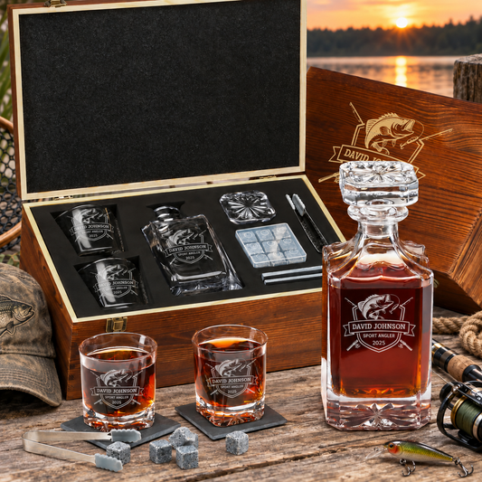 Gift for Fishermen – Square Decanter Set with 2 Glasses, 9 Whiskey Stones & Wooden Box – image 01
