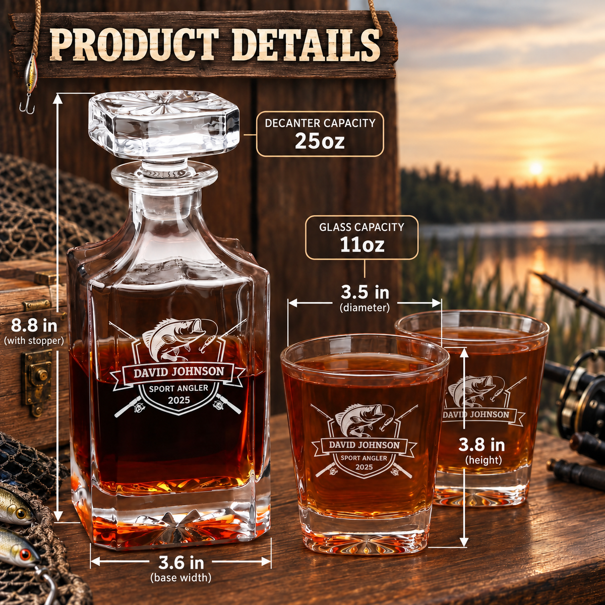 Gift for Fishermen – Square Decanter Set with 2 Glasses, 9 Whiskey Stones & Wooden Box product image