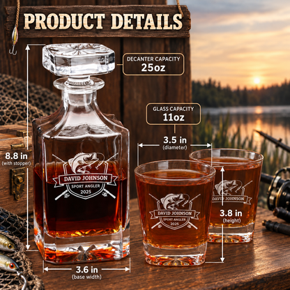 Gift for Fishermen – Square Decanter Set with 2 Glasses, 9 Whiskey Stones & Wooden Box – image 02
