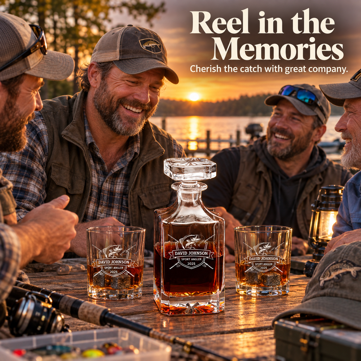 Gift for Fishermen – Square Decanter Set with 2 Glasses, 9 Whiskey Stones & Wooden Box – image 03