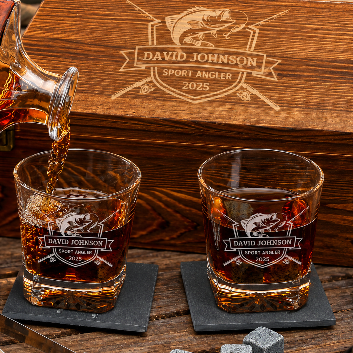 Gift for Fishermen – Square Decanter Set with 2 Glasses, 9 Whiskey Stones & Wooden Box – image 04
