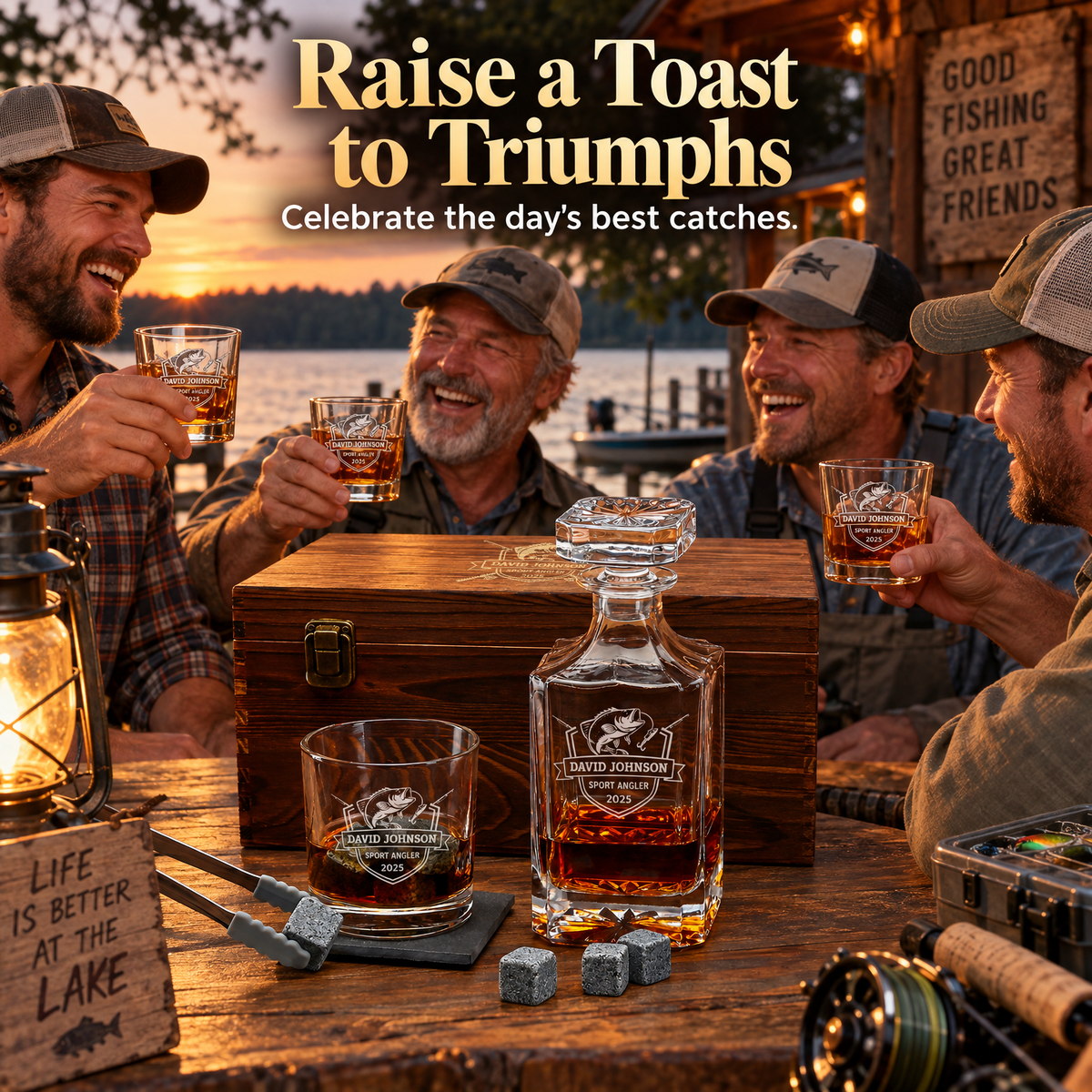 Gift for Fishermen – Square Decanter Set with 2 Glasses, 9 Whiskey Stones & Wooden Box – image 05