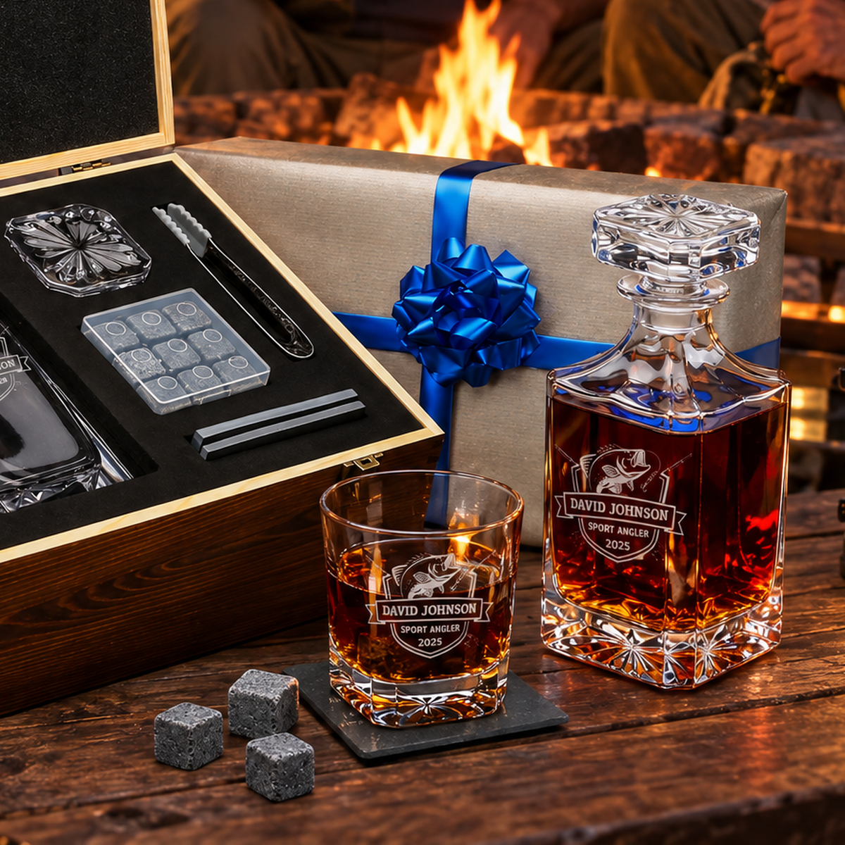 Gift for Fishermen – Square Decanter Set with 2 Glasses, 9 Whiskey Stones & Wooden Box product image