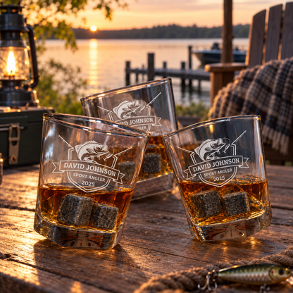 Gift for Fishermen – Square Decanter Set with 2 Glasses, 9 Whiskey Stones & Wooden Box – image 08