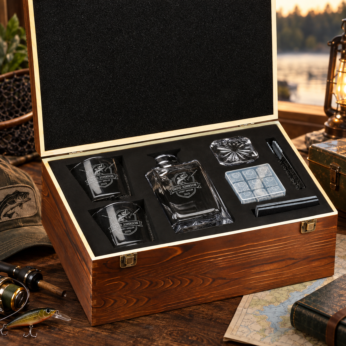 Gift for Fishermen – Square Decanter Set with 2 Glasses, 9 Whiskey Stones & Wooden Box – image 10
