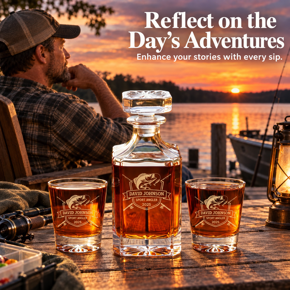Gift for Fishermen – Square Decanter Set with 2 Glasses, 9 Whiskey Stones & Wooden Box – image 11