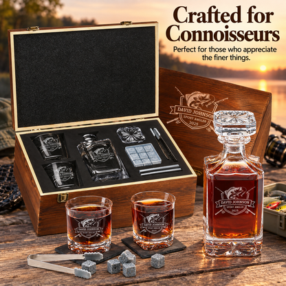Gift for Fishermen – Square Decanter Set with 2 Glasses, 9 Whiskey Stones & Wooden Box – image 12