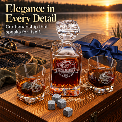Gift for Fishermen – Square Decanter Set with 2 Glasses, 9 Whiskey Stones & Wooden Box – image 16
