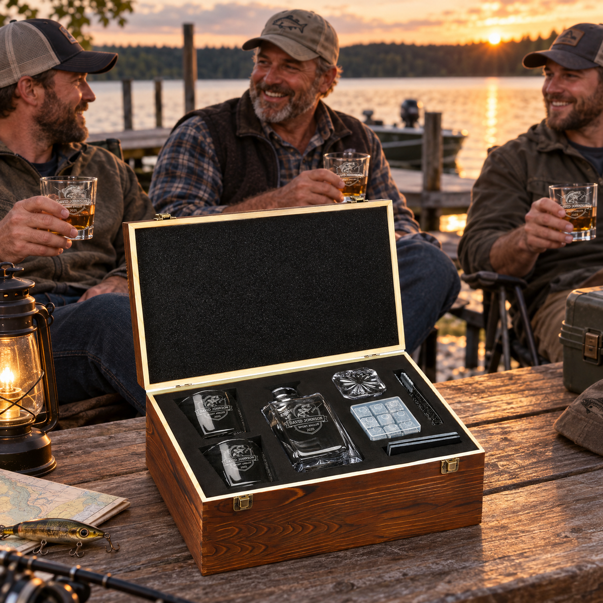 Gift for Fishermen – Square Decanter Set with 2 Glasses, 9 Whiskey Stones & Wooden Box – image 17