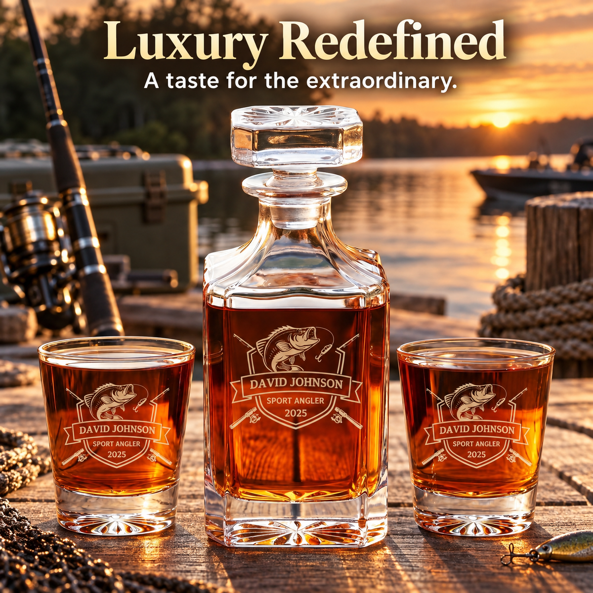 Gift for Fishermen – Square Decanter Set with 2 Glasses, 9 Whiskey Stones & Wooden Box product image