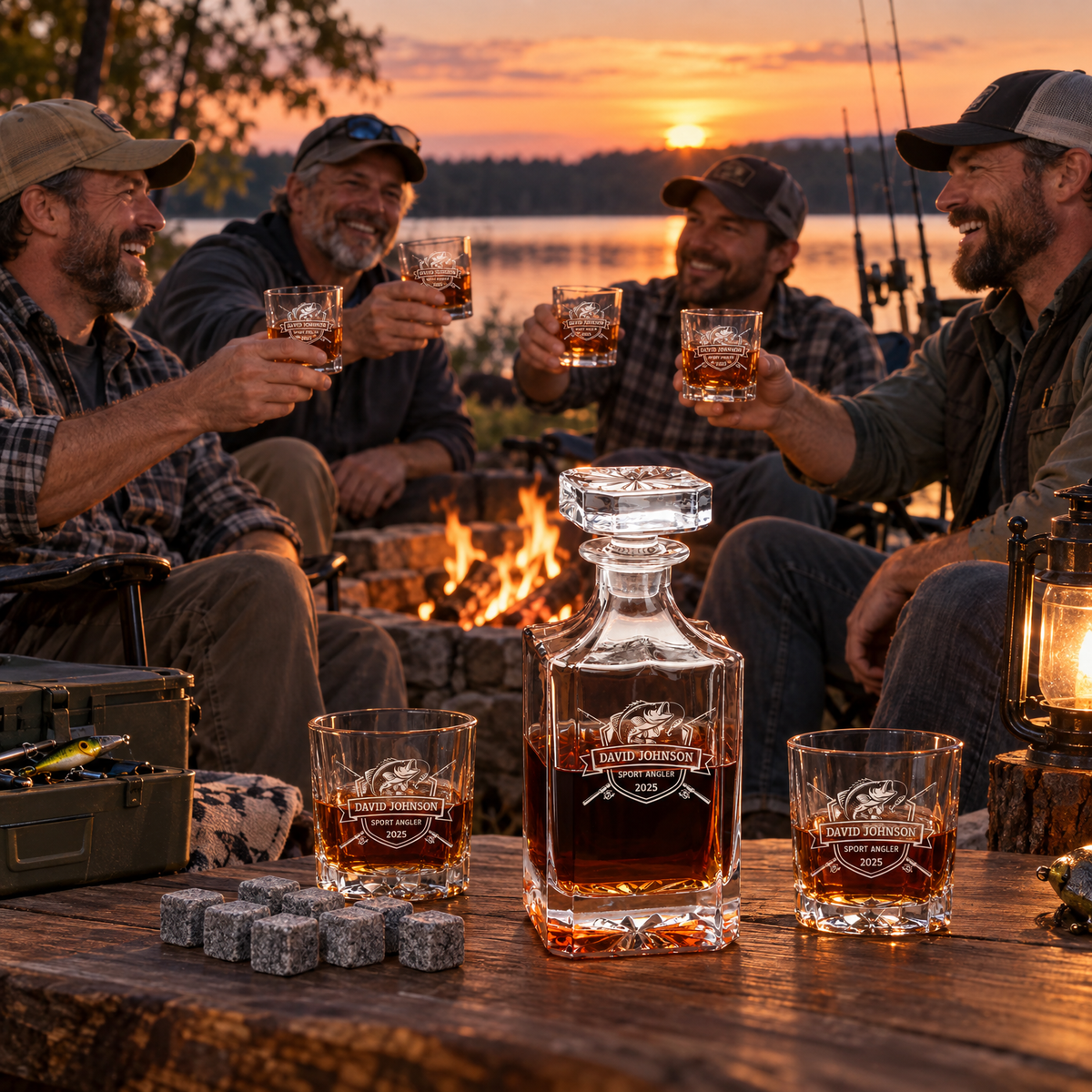 Gift for Fishermen – Square Decanter Set with 2 Glasses, 9 Whiskey Stones & Wooden Box product image