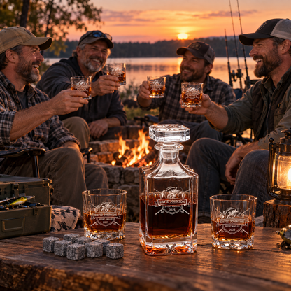 Gift for Fishermen – Square Decanter Set with 2 Glasses, 9 Whiskey Stones & Wooden Box – image 19