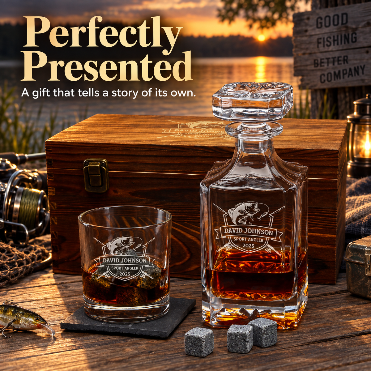 Gift for Fishermen – Square Decanter Set with 2 Glasses, 9 Whiskey Stones & Wooden Box – image 20