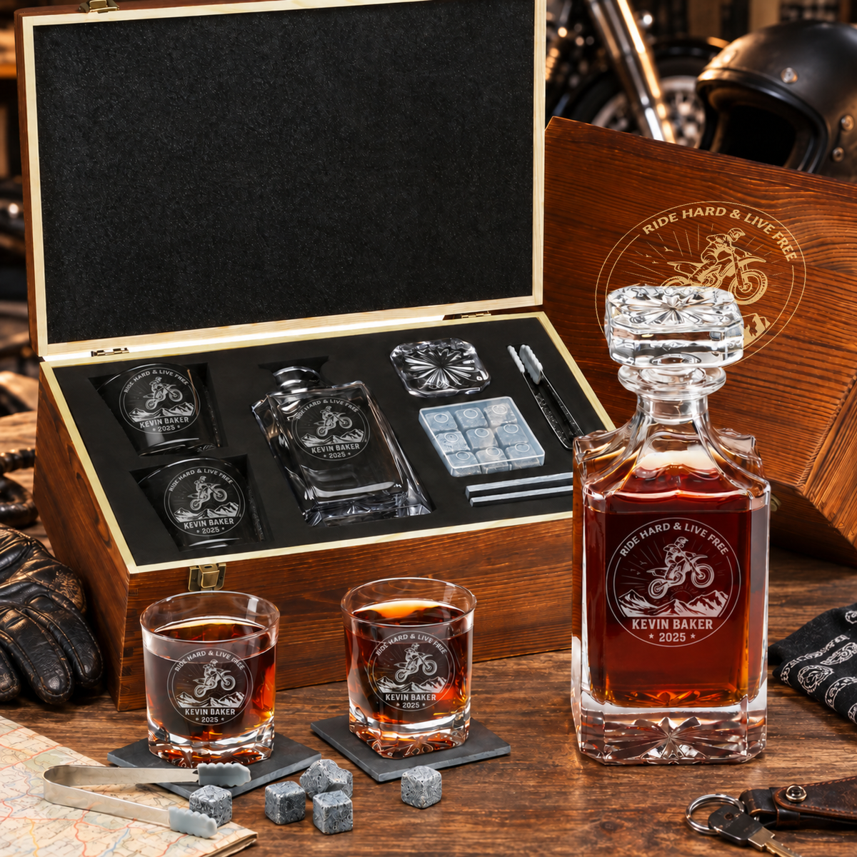 Gift for Car & Motorcycle Enthusiasts – Square Decanter Set with 2 Glasses, 9 Whiskey Stones & Wooden Box – image 01