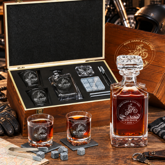 Gift for Car & Motorcycle Enthusiasts – Square Decanter Set with 2 Glasses, 9 Whiskey Stones & Wooden Box – image 01