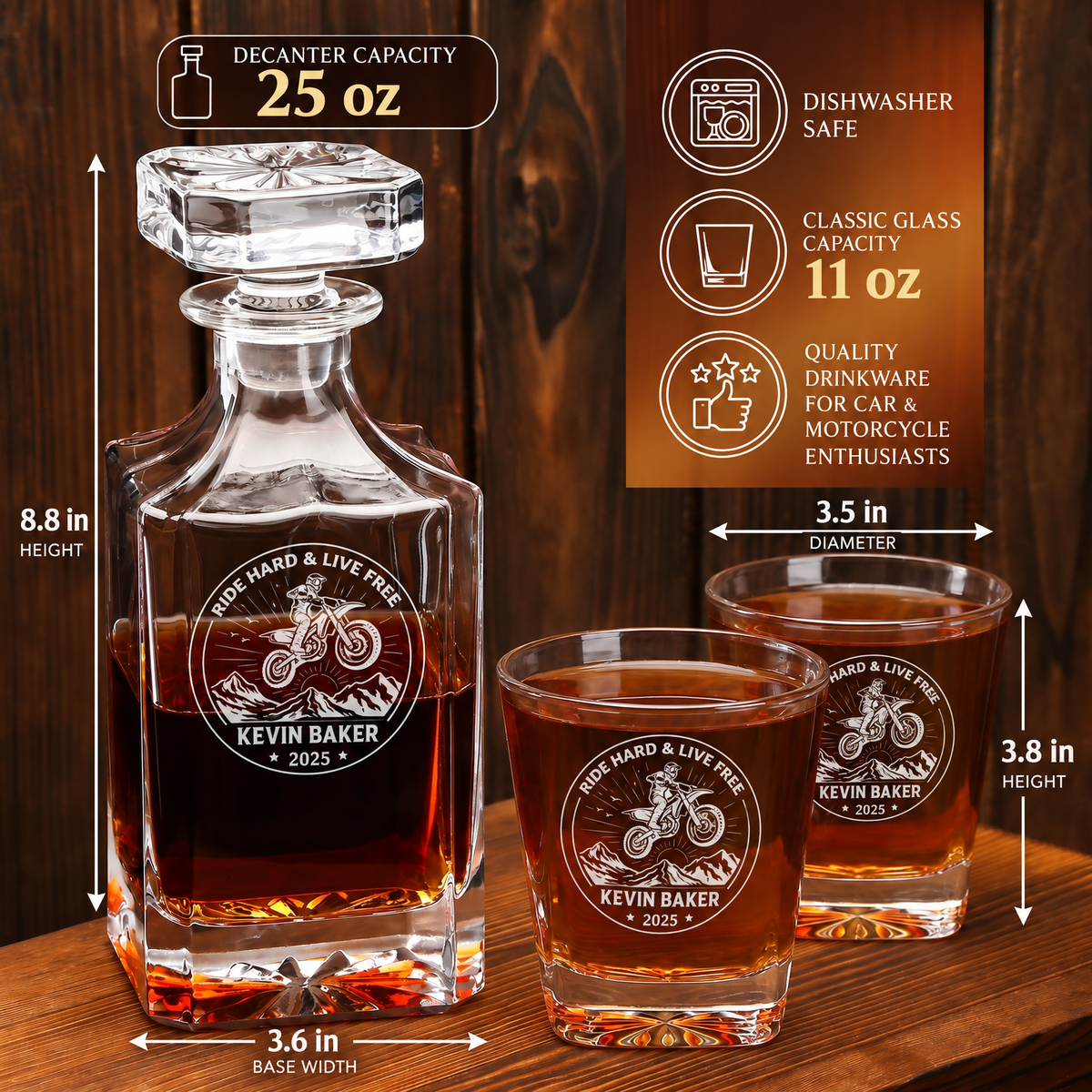 Gift for Car & Motorcycle Enthusiasts – Square Decanter Set with 2 Glasses, 9 Whiskey Stones & Wooden Box product image