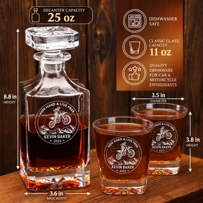 Gift for Car & Motorcycle Enthusiasts – Square Decanter Set with 2 Glasses, 9 Whiskey Stones & Wooden Box – image 02