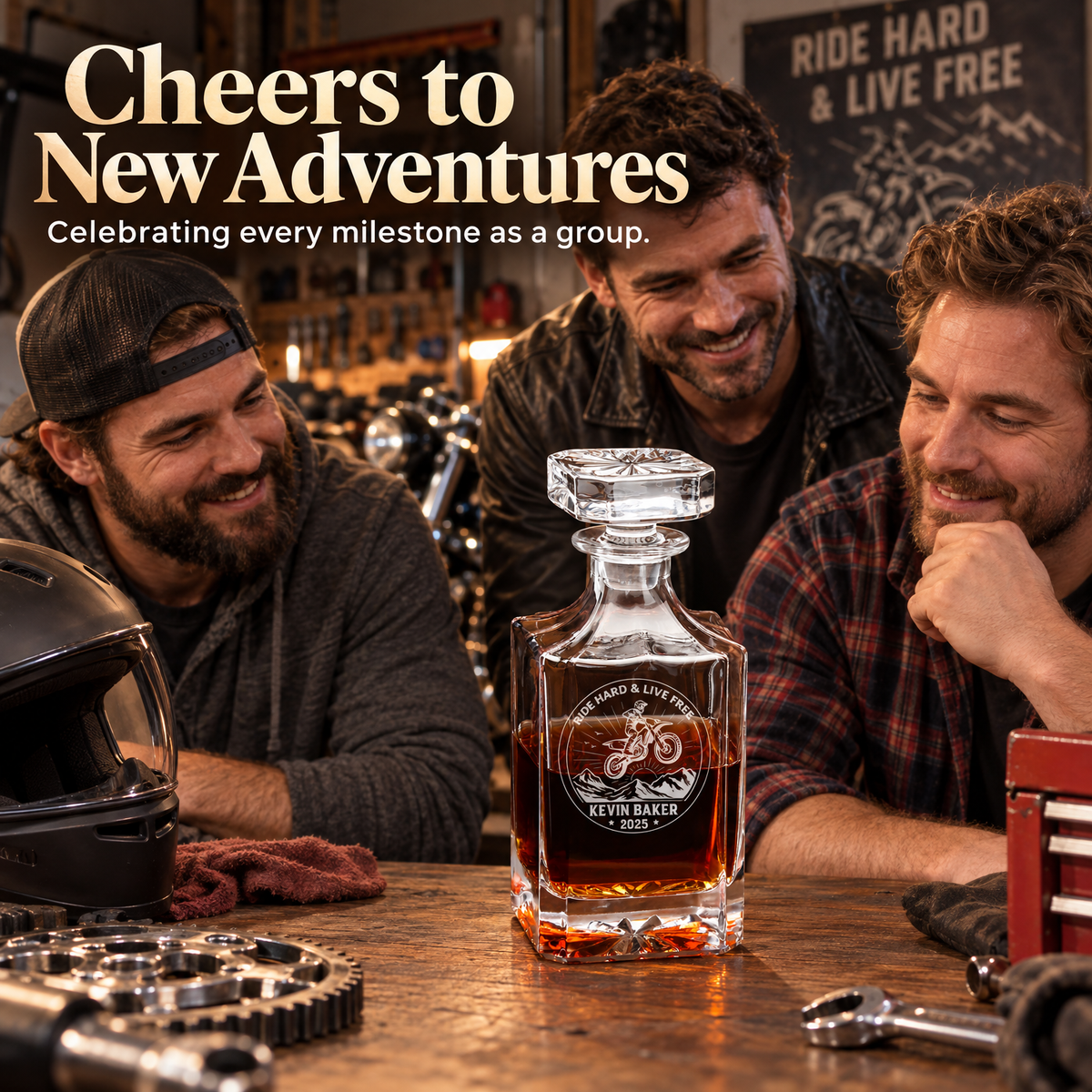 Gift for Car & Motorcycle Enthusiasts – Square Decanter Set with 2 Glasses, 9 Whiskey Stones & Wooden Box product image