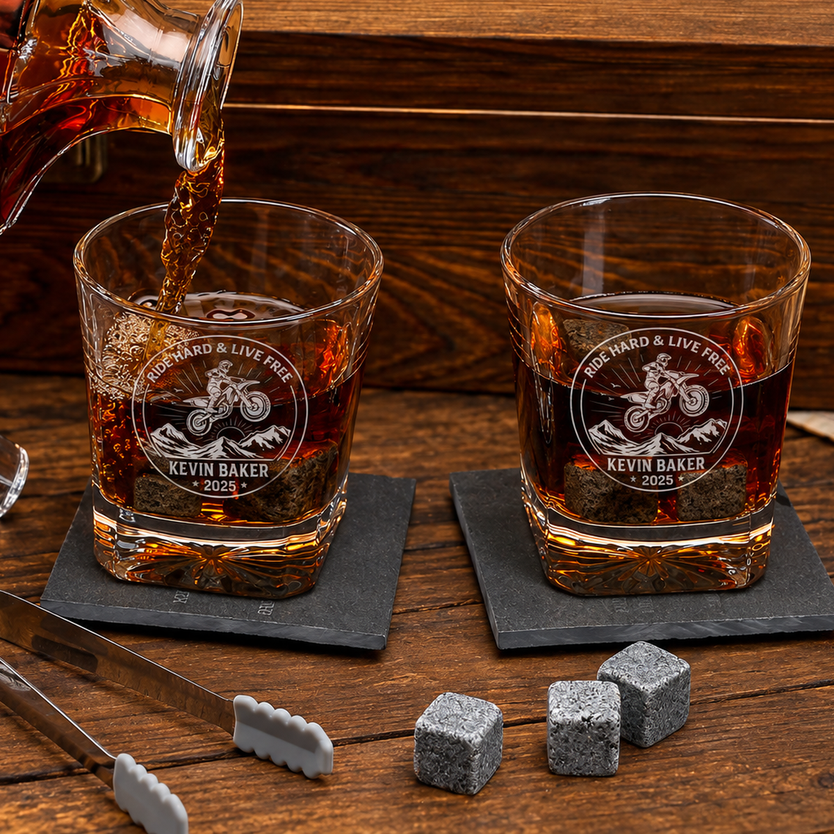 Gift for Car & Motorcycle Enthusiasts – Square Decanter Set with 2 Glasses, 9 Whiskey Stones & Wooden Box product image