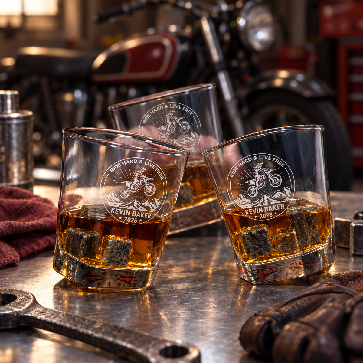 Gift for Car & Motorcycle Enthusiasts – Square Decanter Set with 2 Glasses, 9 Whiskey Stones & Wooden Box – image 08