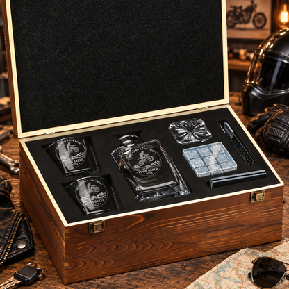 Gift for Car & Motorcycle Enthusiasts – Square Decanter Set with 2 Glasses, 9 Whiskey Stones & Wooden Box – image 10