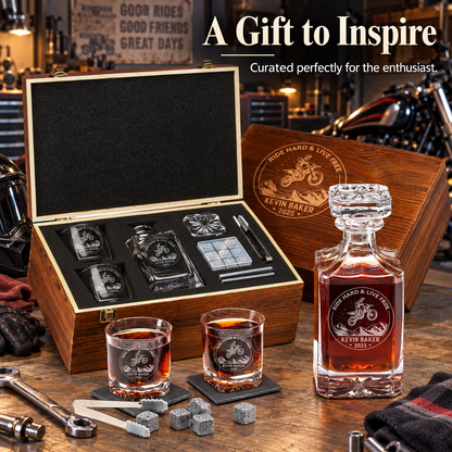 Gift for Car & Motorcycle Enthusiasts – Square Decanter Set with 2 Glasses, 9 Whiskey Stones & Wooden Box – image 12