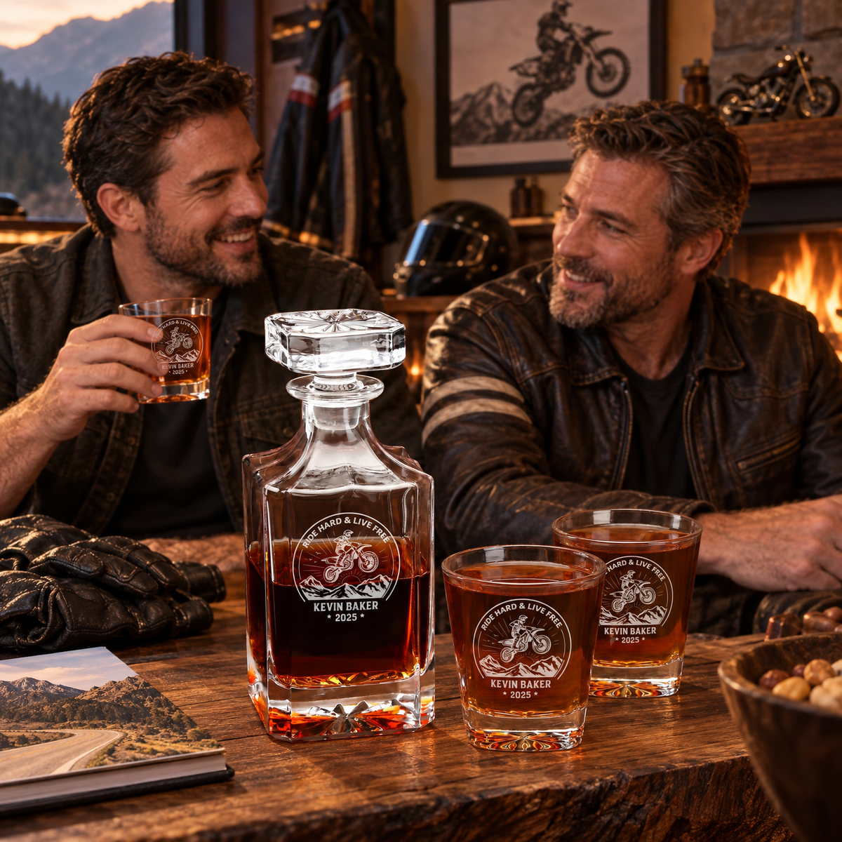 Gift for Car & Motorcycle Enthusiasts – Square Decanter Set with 2 Glasses, 9 Whiskey Stones & Wooden Box product image
