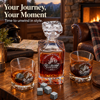 Gift for Car & Motorcycle Enthusiasts – Square Decanter Set with 2 Glasses, 9 Whiskey Stones & Wooden Box – image 16