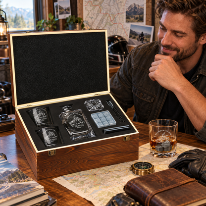 Gift for Car & Motorcycle Enthusiasts – Square Decanter Set with 2 Glasses, 9 Whiskey Stones & Wooden Box – image 17