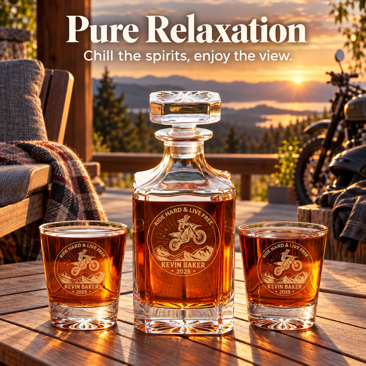 Gift for Car & Motorcycle Enthusiasts – Square Decanter Set with 2 Glasses, 9 Whiskey Stones & Wooden Box product image
