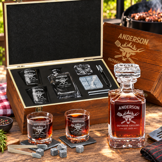 Gift for Grillmasters – Square Decanter Set with 2 Glasses, 9 Whiskey Stones & Wooden Box – image 01