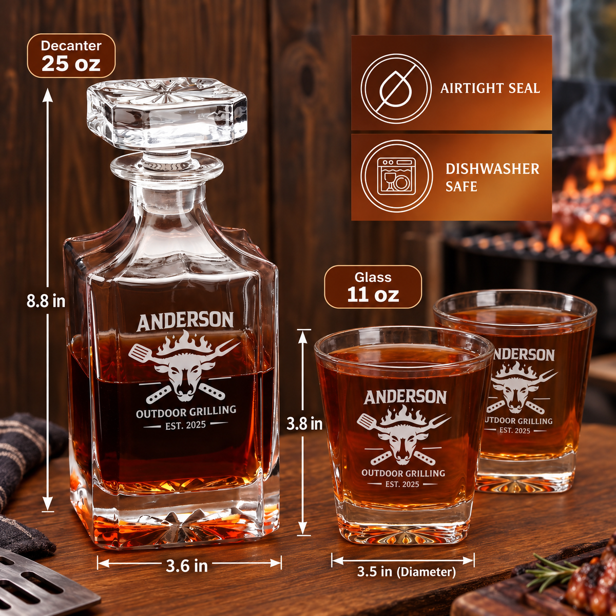 Gift for Grillmasters – Square Decanter Set with 2 Glasses, 9 Whiskey Stones & Wooden Box – image 02